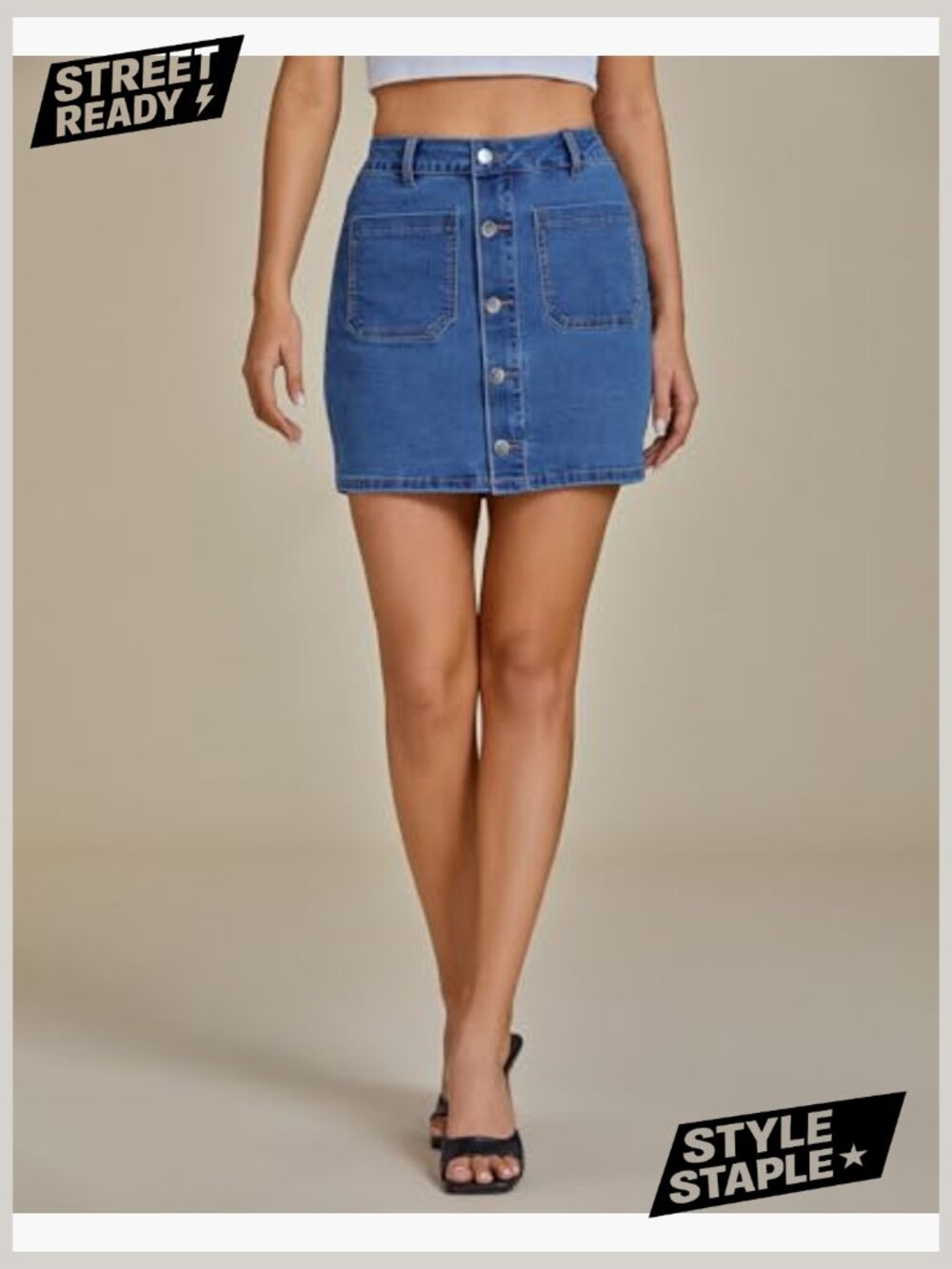 High Waisted Denim Mini Skirt Stretchy Pencil Fit Button Front Pockets - Picture 2 of 7